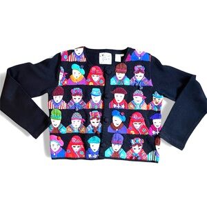 Rare Vintage Michael Simon Hand-Embellished "Faces" Cardigan S